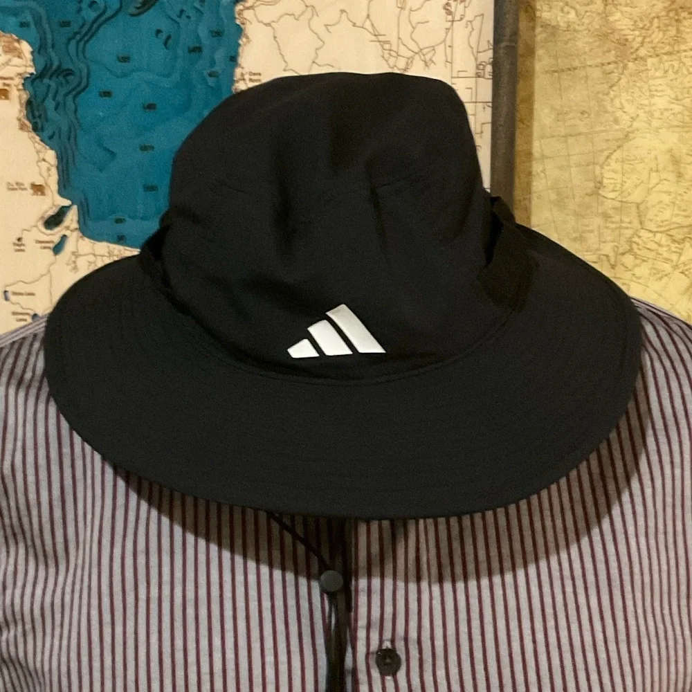 Adidas Black Wide-Brim Hat. Active Sports Fishing. Chin strap. NWOT